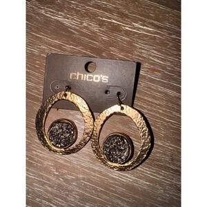 Chicos Statement Drop Earrings Gold‎ Tone Hammered Druzy Center